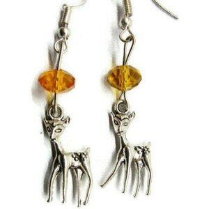 3D Deer Yellow Bead Silver Tone Vertical Drop Dangle Hook Earrings Womans